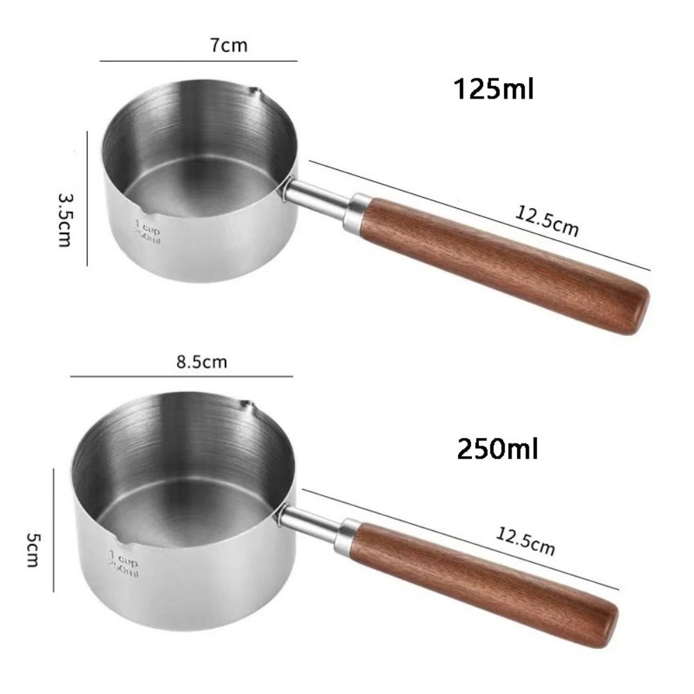 Mini Frying Pan Wooden Handle Milk Pan with Scale 304 Stainless Steel Oil Pot Spout Deepen Measuring Spoon Butter Melting