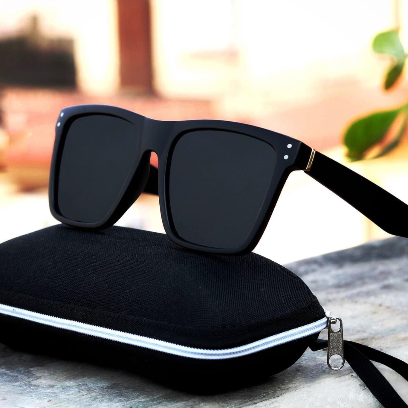 Sunglasses for Men - Carbon Fiber Frame Square Elegant Eyewear with Free Chain Cover