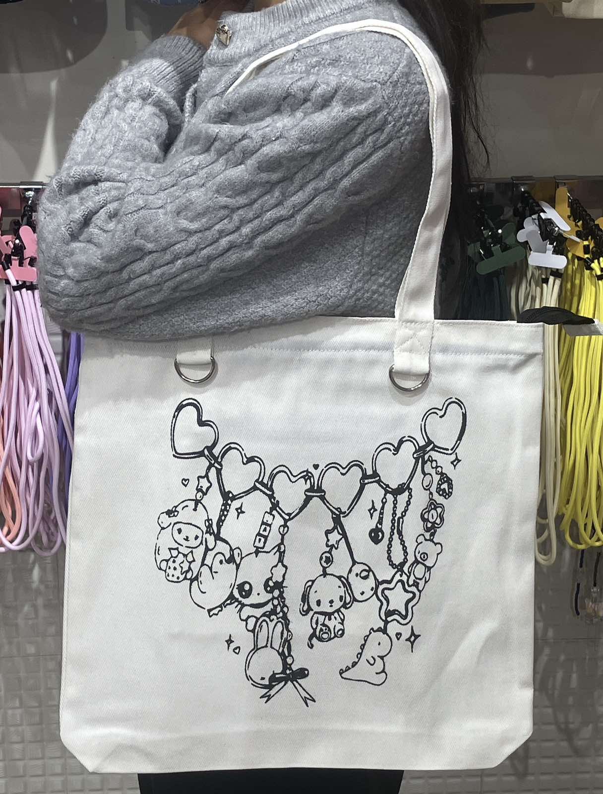 Masala Beads Kawaii Hearts Cartoon Characters White Color Aesthetic Zipper Canvas School Bag Cute Tote Casual Bag Fashionable And Reusable Backpack Shoulder Bag For Travel
