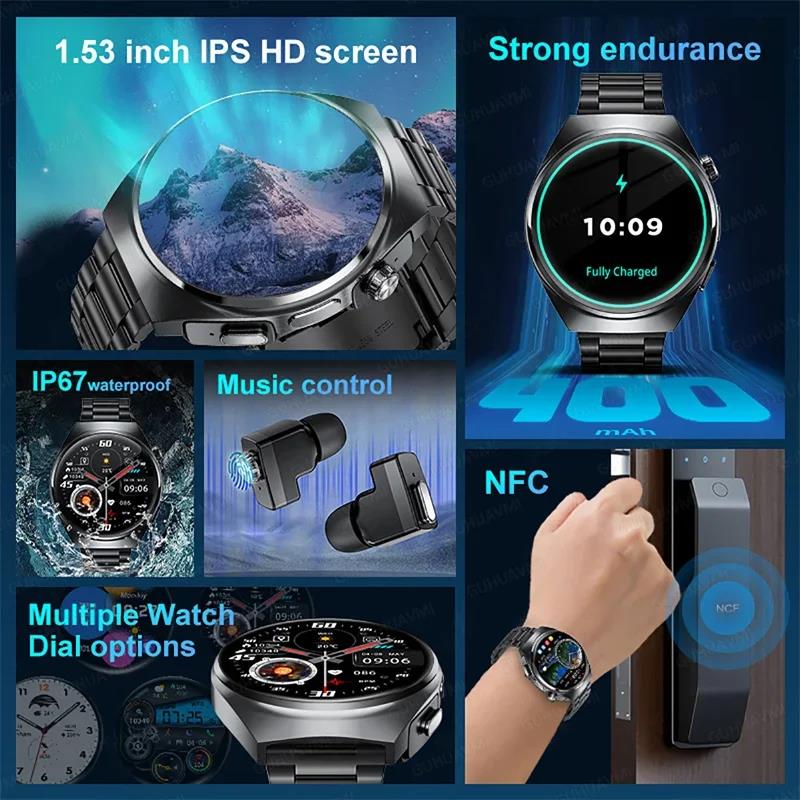 HOT For Huawei Xiaomi 1.53-inch Headset NFC Smart Watch 2 in 1 Multiple Sports GPS Track Health Monitor Custom Dial Music Smartwatch