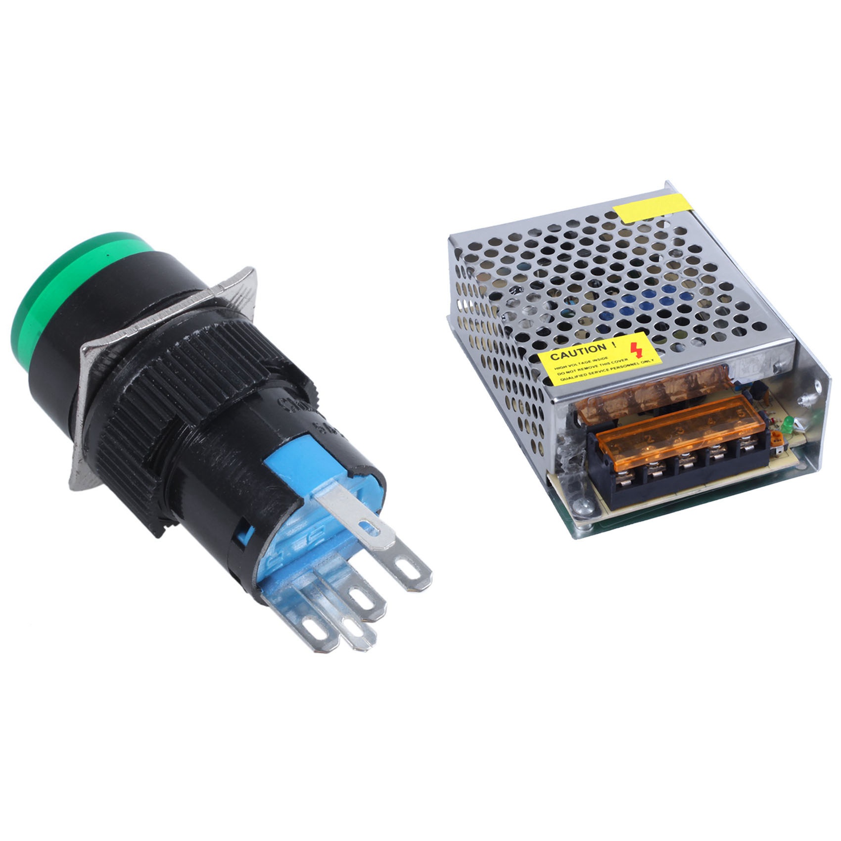 fasdaga 250V 5A SPDT 1NO 1NC 5 Pins Latching Push Button Switch W 220V LED Lamp with 110-220V Switch Power Supply Transformer