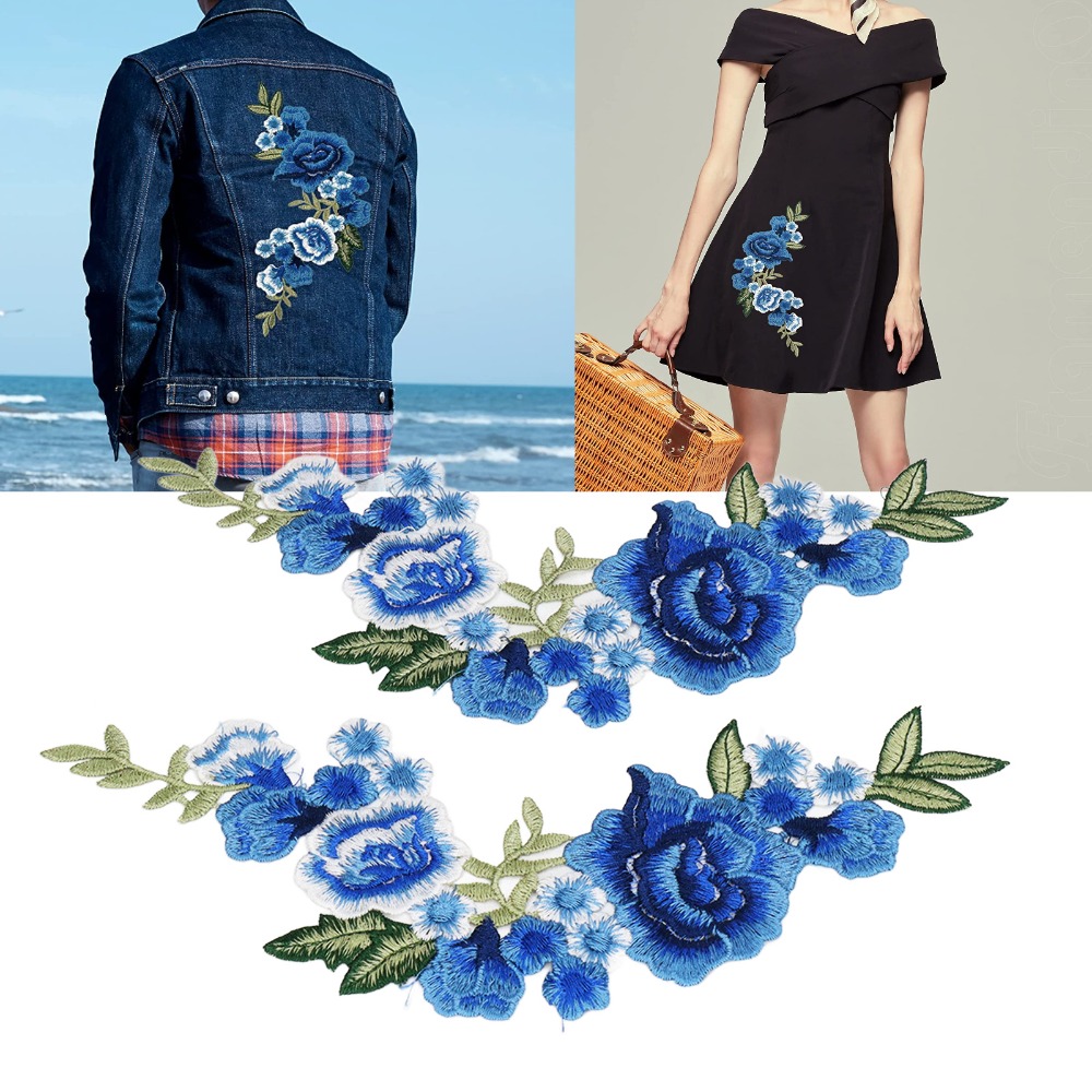 4pcs Colorful Blue Rose Pattern Embroidery Patches Iron on or Sew on Handmade Floral Appliques Iron On Patches DIY Crafts Sewing