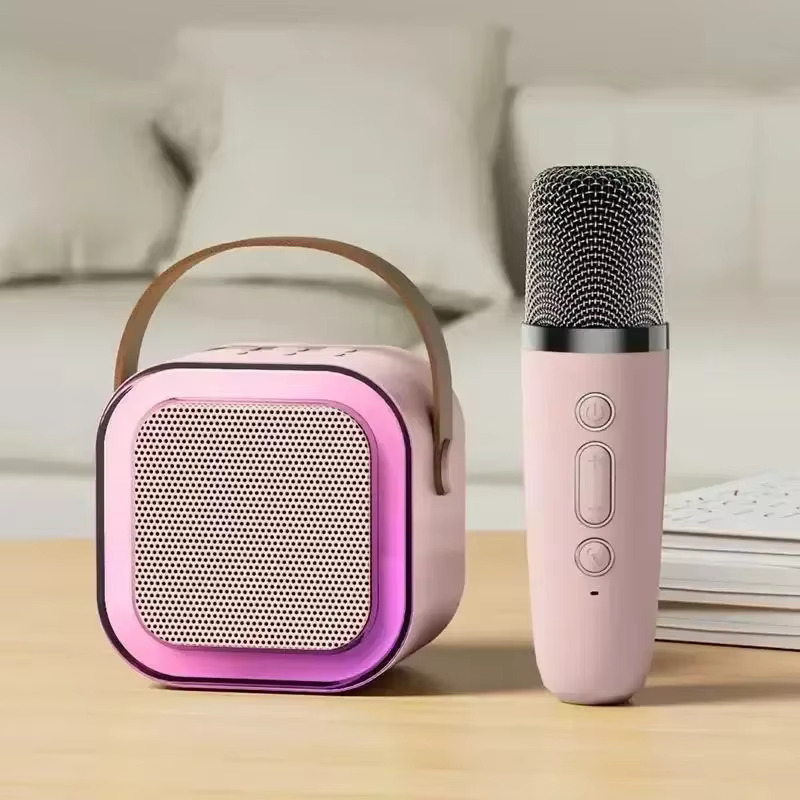 K12 Mini Portable Bluetooth Karaoke Speaker with Dual Wireless Mic for Kids Adults, 5 Different Magic Sound Effect RGB LED Colour Changing Light for Home Party, Birthday Gifts for Boys/Girls