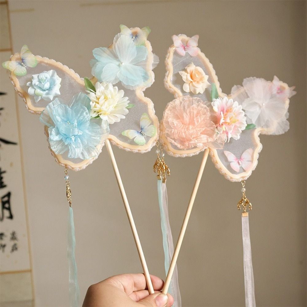Elegant Handmade Butterfly Handheld Fan Long Handled with Tassel Chinese Style Fan Decorative Fairy Fan Props Photography