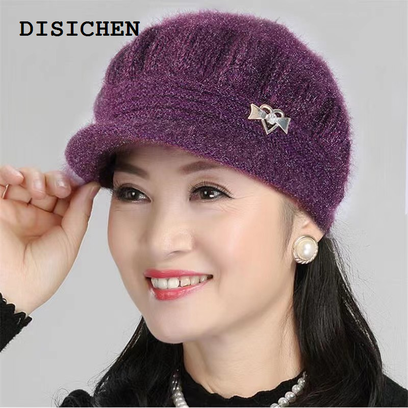 DISICHEN New style Caps Middle-aged elderly hat female winter mom woolen hat pile thickened granny warm knitted old lady cotton hat