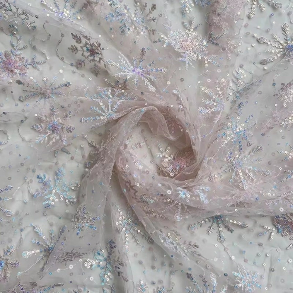New 1 Yard Tulle Fabric Embroidered Sequin Mesh Lace Fabric Snowflake Clothing Material For Sewing Skirt Dress