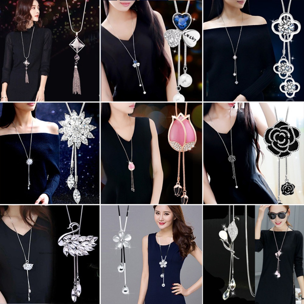 Fashion Retro Flower Pearl Crystal Pendant Elegant Attractive Long Sweater Chain Jewellery Beautiful Temperament Jewelry Gift