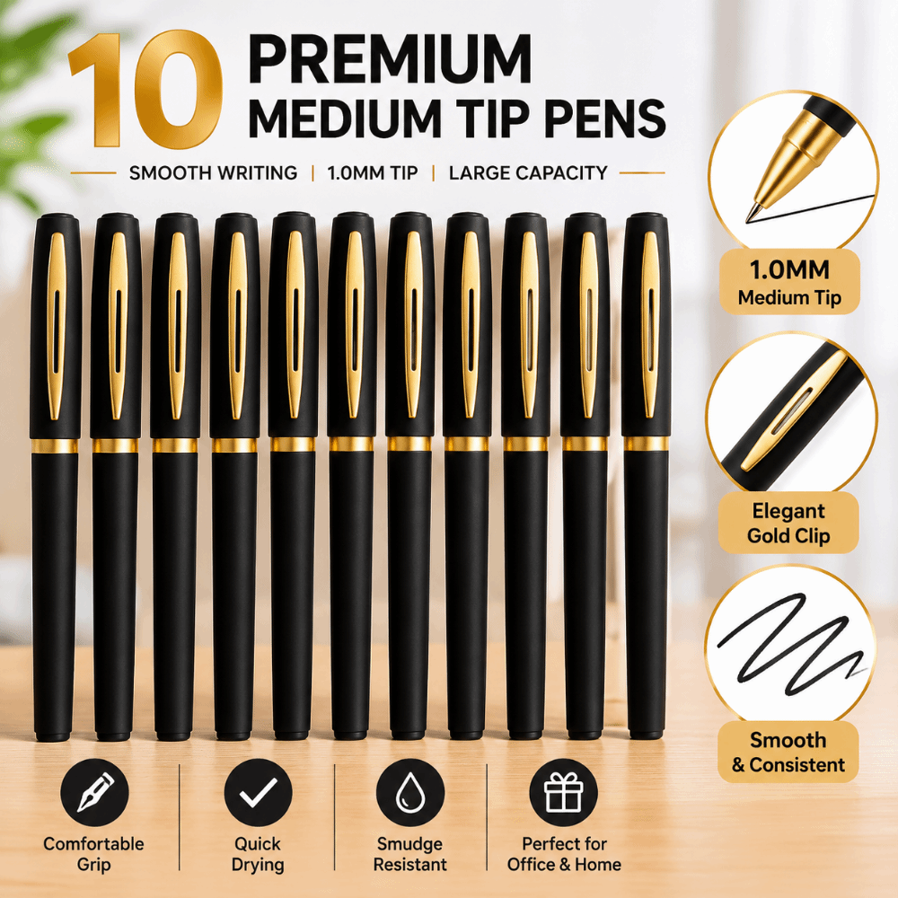 10pcs Luxury Black Ink Gel Pens Large Capacity Student Stationery Signature Pen Refills 1.0mm Tip Black Gel Pens Business Office