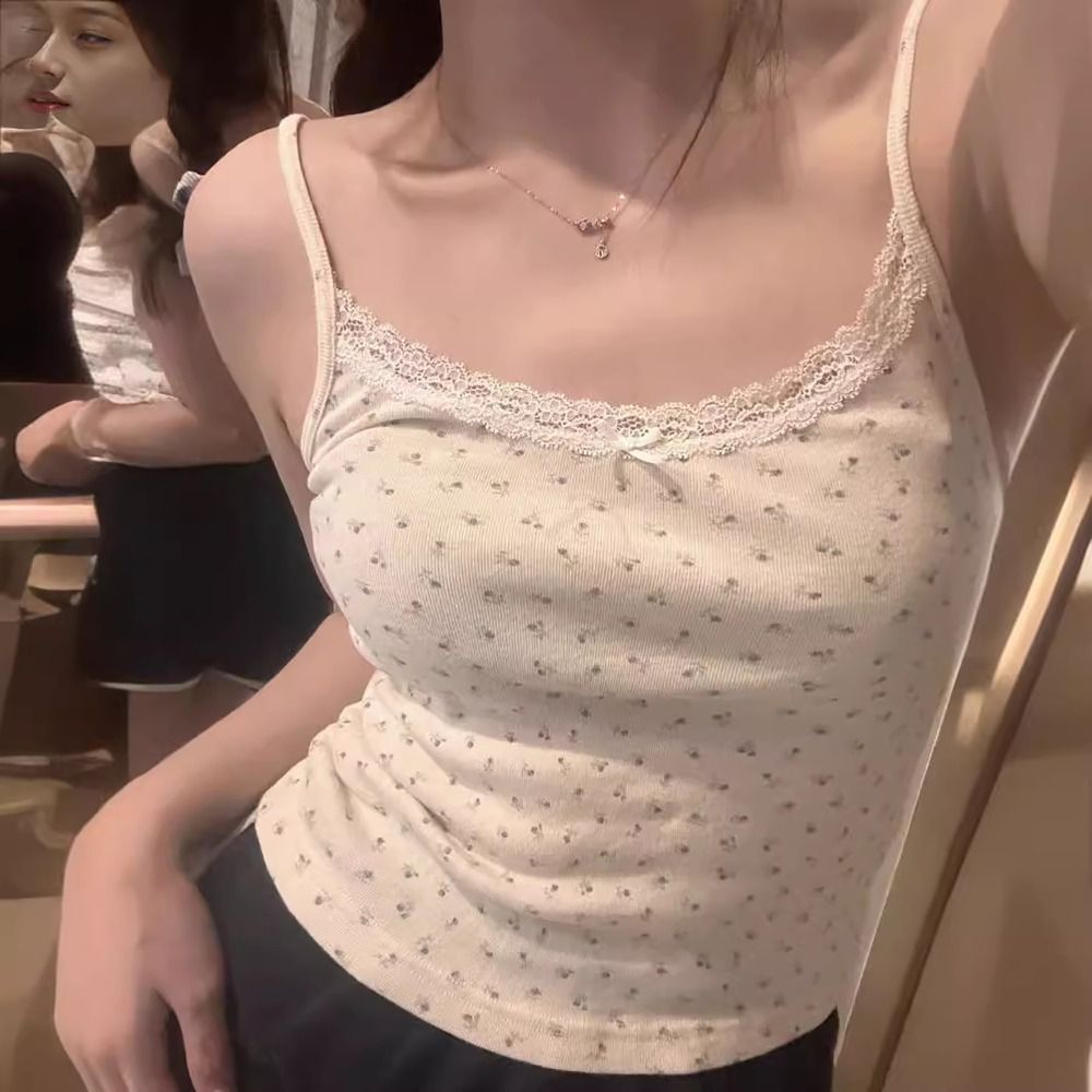 Elastic M/L/XL/XXL Strappy Tank Tops Lace Brim Milk Silk Hottie Sling Sensually Innocent Look Floral Short Vest Summer