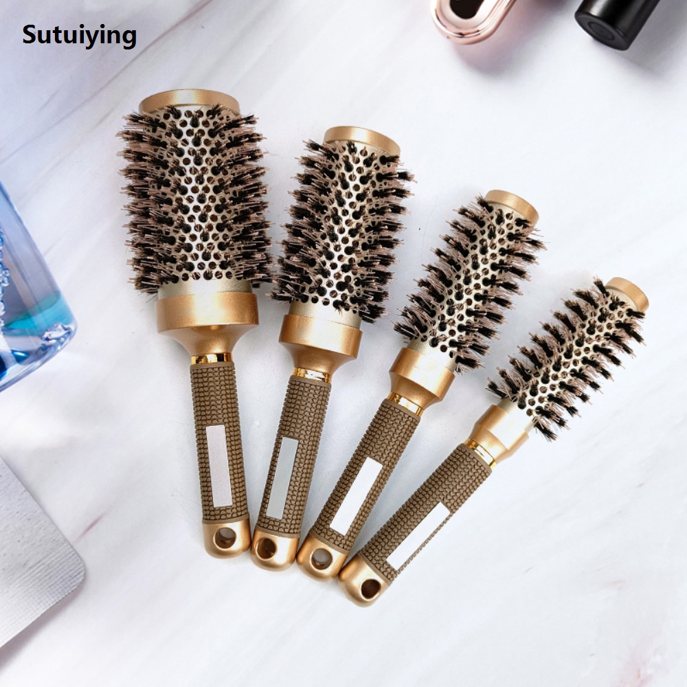 Sutuiying 1PC Professional Ceramic Cylinder Comb Golden Curling Hair Comb Bristle High Quality Aluminum Tube Hairdressing Comb Anti-static Styling Tool
