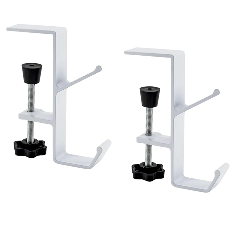 OUMERY 2pcs Desk Mount Bag Holder Hook Clamp-on Backpack Hanger Portable Desk Mount Headphones Holder for Table Desk (White)