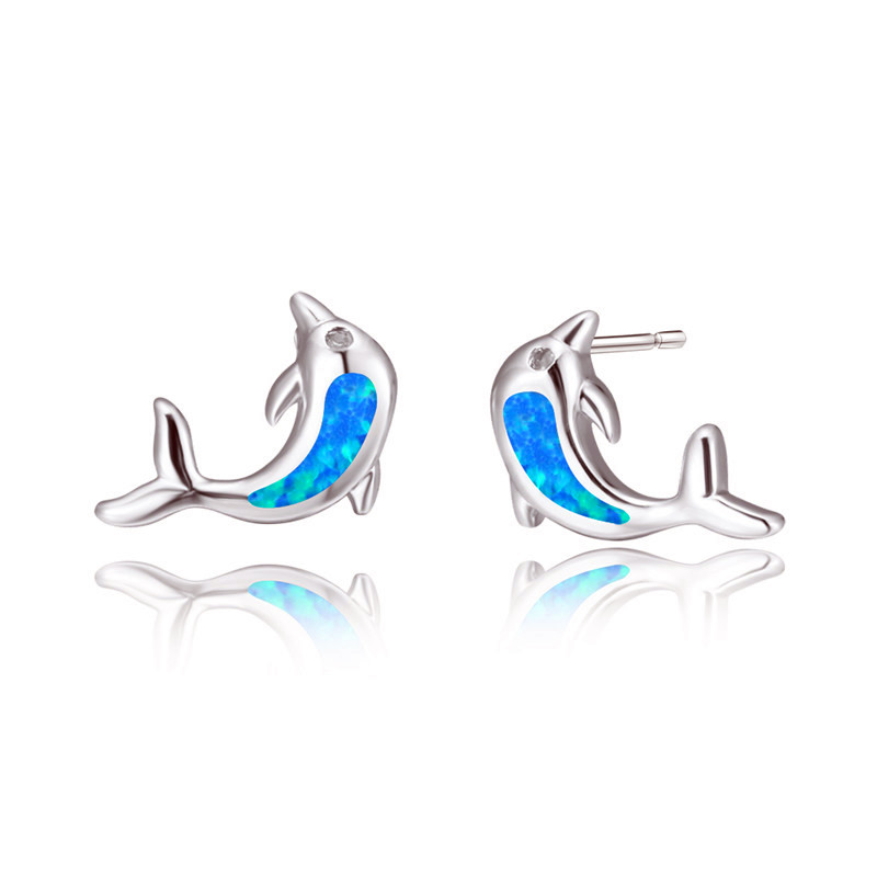 【Happy LifeStore】Blue/White Opal Cute Dolphin Earrings For Wo White Gold Stud Earrings Jewelry Female Wedding Birthday Gifts