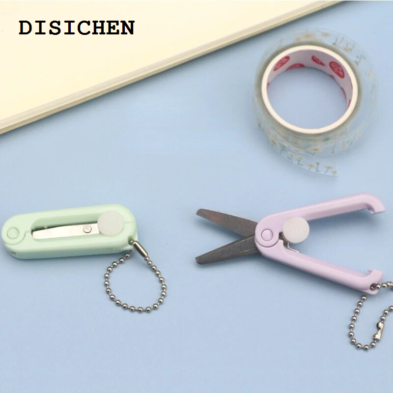 DISICHEN Fashion 1 Pcs Key Chain Shaped Scissors Safety Utility Kids Student Portable Small Mini Pocket Scissors Cutter Stationery