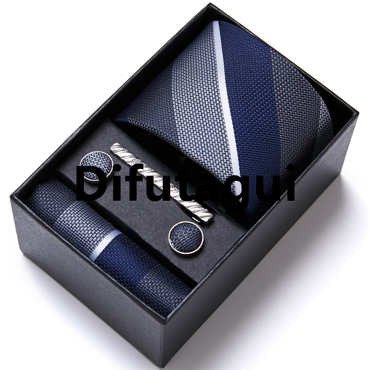 Difutagui New specials Brand Wholesale Tie Pocket Squares Cufflink Set Necktie Sales promotion Blue Striped Man Wedding Accessories Fit Workplace Holiday Gift Box