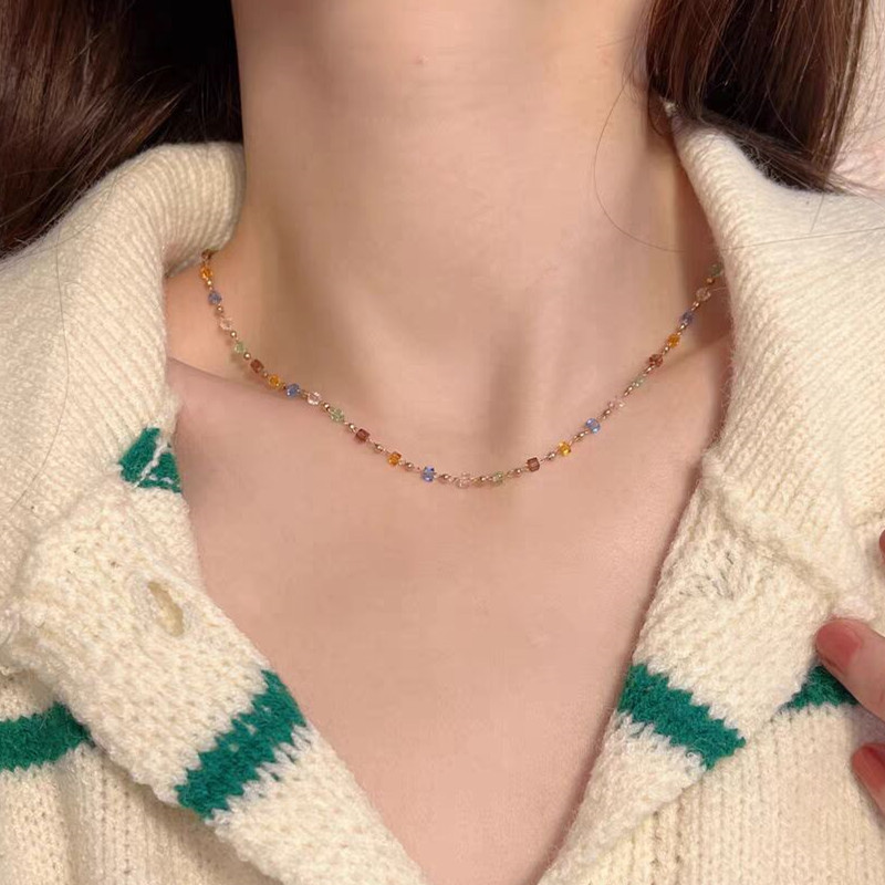 【Unlimited repurchase】【Unlimited repurchase】Real Gold Electroplated New Crystal Beaded Necklace Women's Rainbow Clavicle Chain Niche Simple Choker Necklace