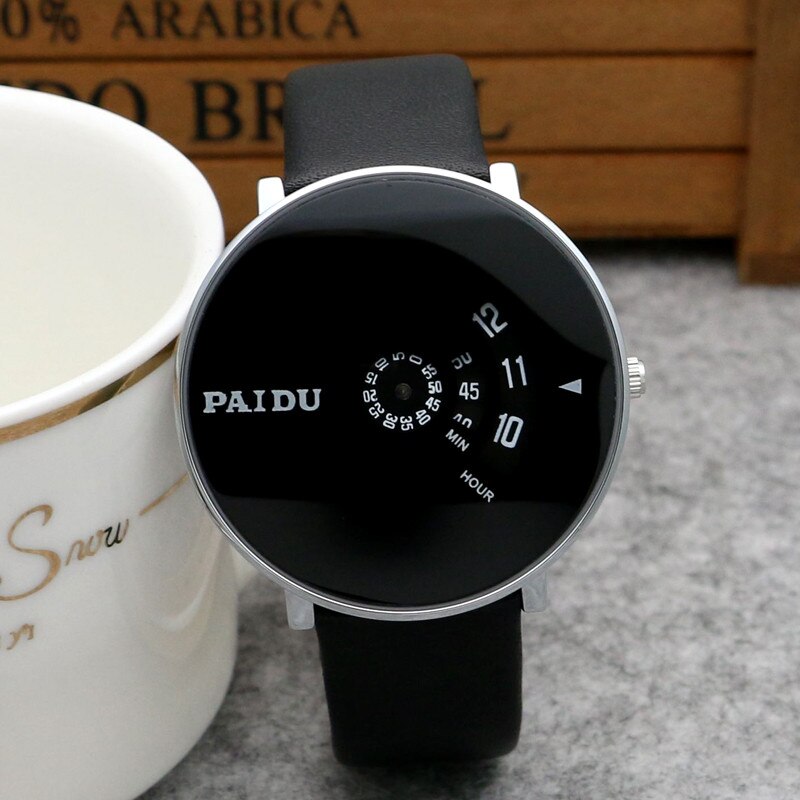 PAIDU Round Shape Black Dial With White Belt Turntable,Fashionable Watch For Women