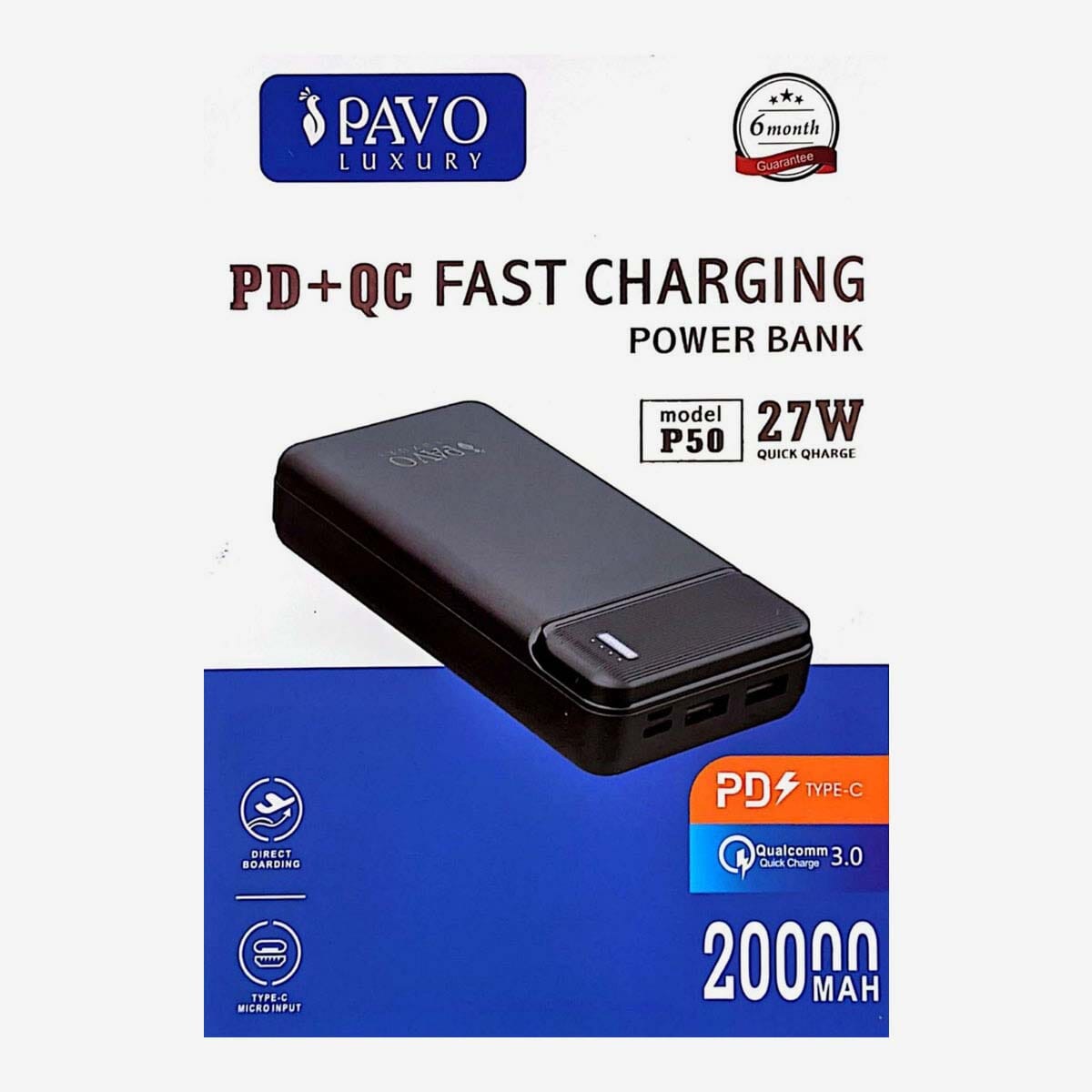 PAVO 20000 MAH Luxury PD+QC Fast Charging Power Bank P50 27W