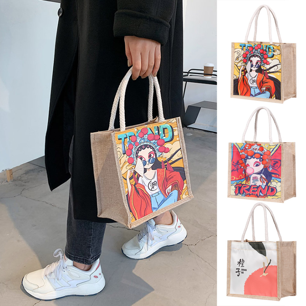 Women Printed Zipper Personality Lunch Bags Canvas Handbag Shopping Bag Casual Tote