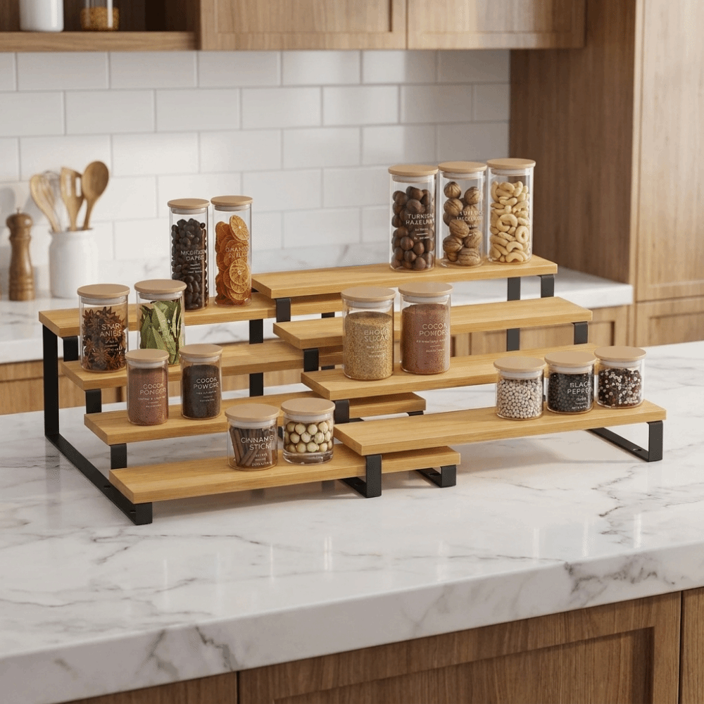 Pantry Organizer Bamboo 3 Tier Spice Rack Detachable Space Saving Spice Condiment Shelf Large Capacity Model Display Stand Cabinet