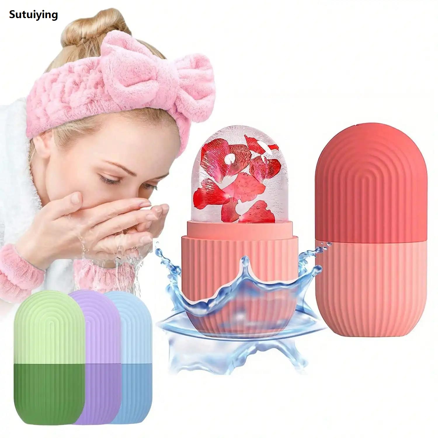 Sutuiying 4pcs/Set - 1pc Silicone Face Ice Pack, 1pc Face Wash Makeup Headband, New style 2pcs Wristbands. Ice Roller for Face, Eye Neck, Massager