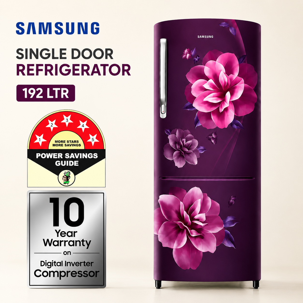 Samsung 192L Single Door Refrigerator = RR20C2722CR | Digital Inverter Compressor | 10 Year Warranty | Energy Efficient Cooling | Camellia Purple Floral Design | Stylish Home Refrigerator | Direct Cool Technology
