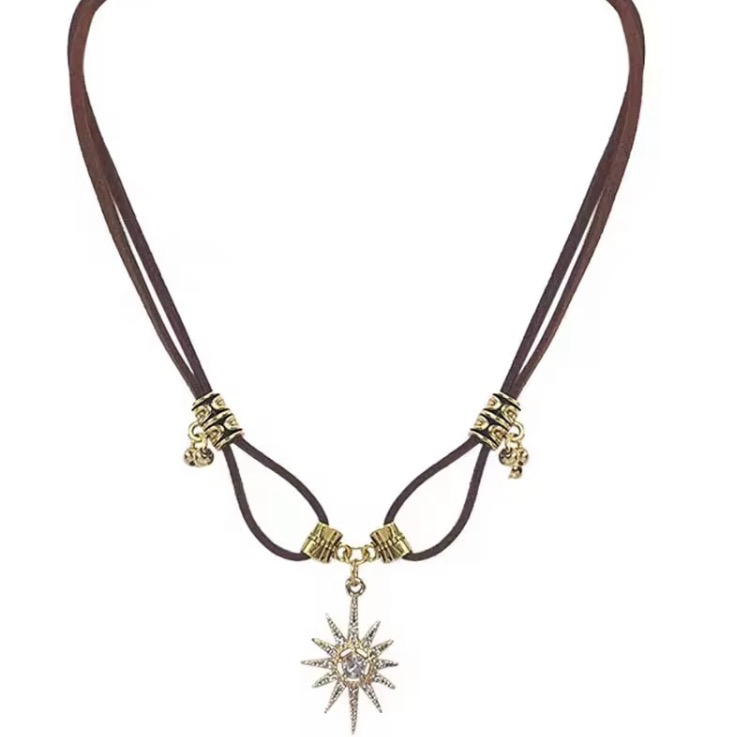 Masala Beads New Vintage Rhinestone Star Pendant Necklace Brown Leather Clavicle Chain Jewelry For Women