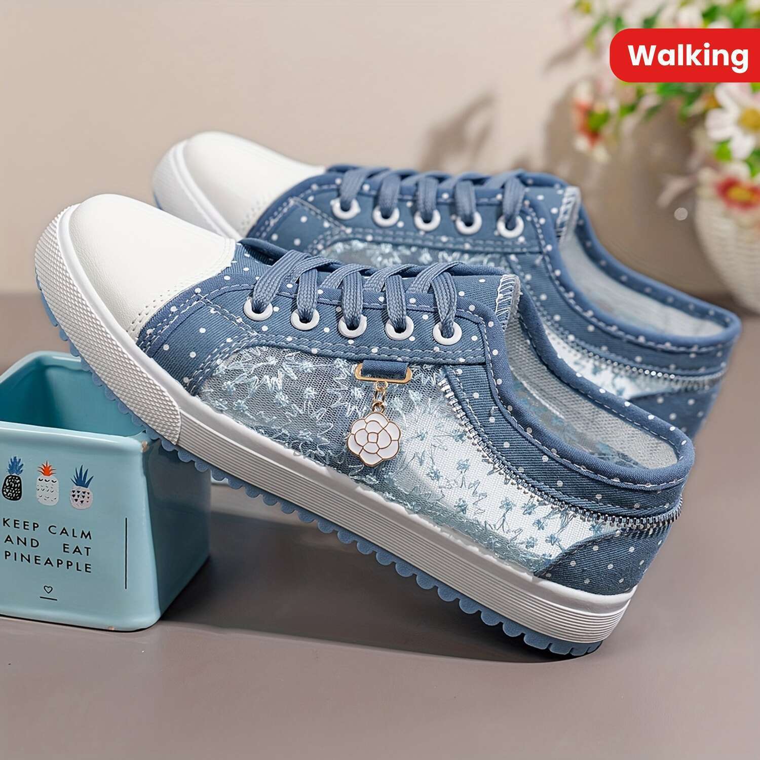 Breathable Mesh Womens Casual Low Top Skate Shoes, Lace Up Walking Trainers