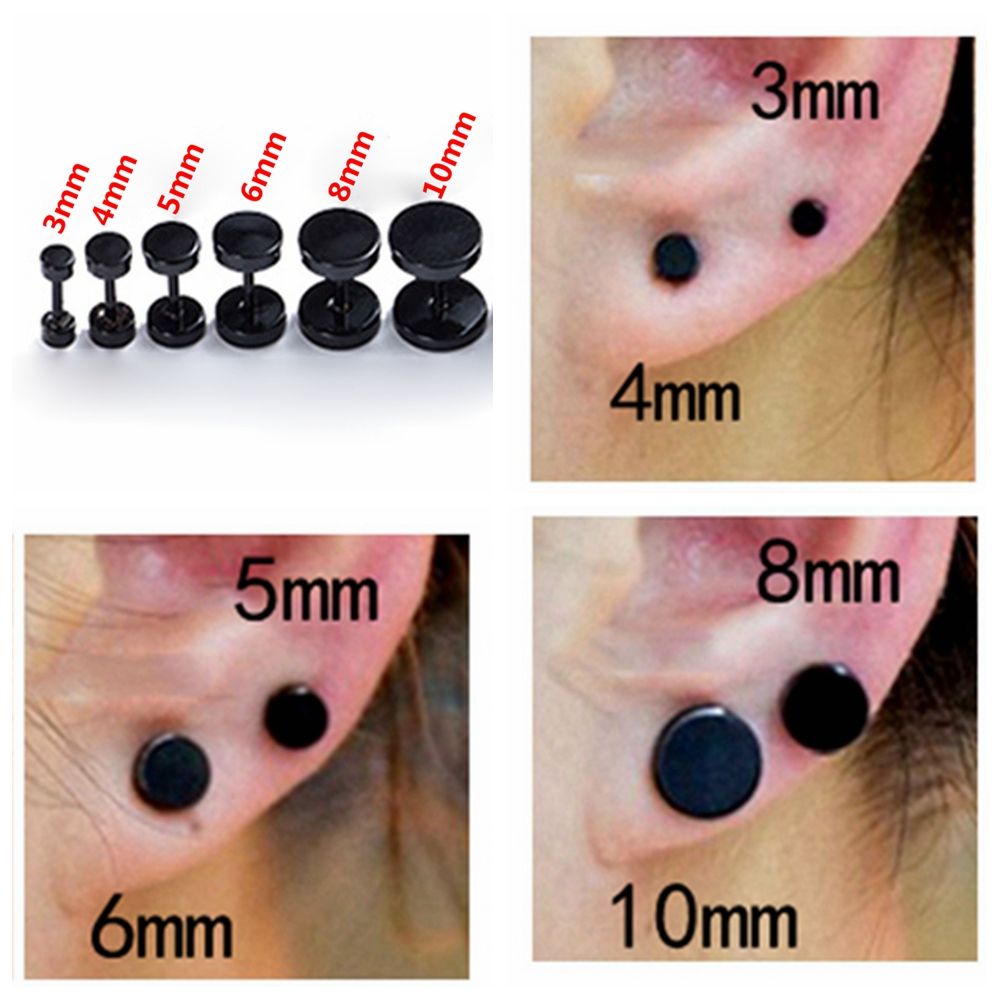 1Pair Black Stainless Steel Round Shape Earrings Dumbbells Pattern Ear Stud Cheater Plugs