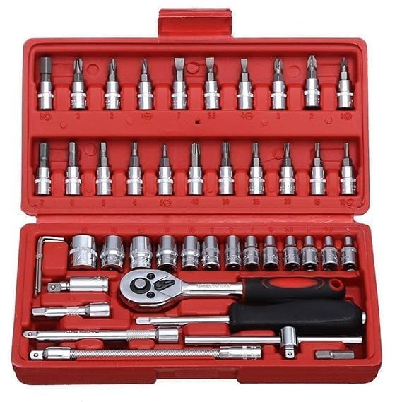 46 In 1 Ratchet Screwdriver And Socket Combination Wrench Auto Repairing Bike Tool Kit Set, Flat, Fixed Square And Hex