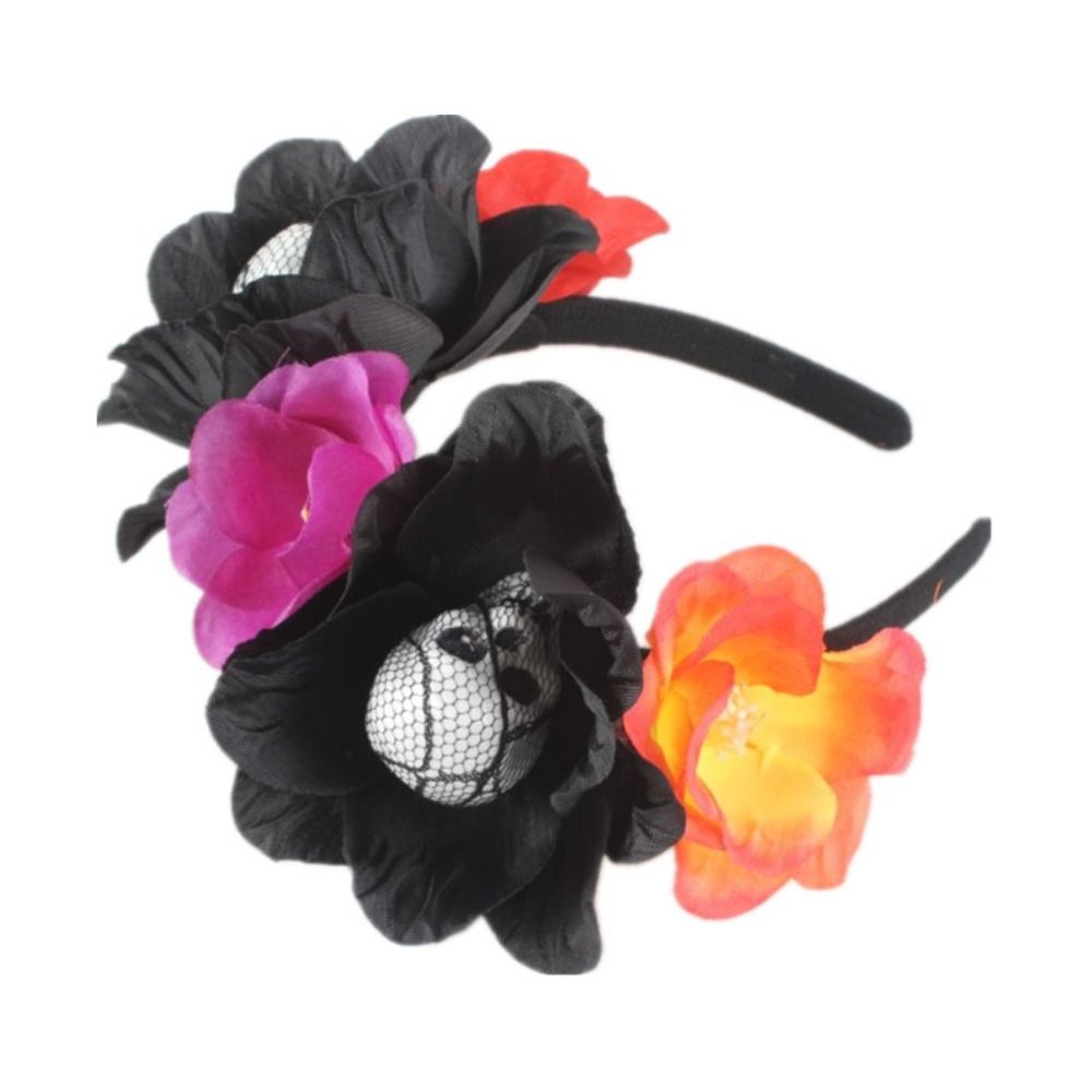 High Quality Artificial Rose Flower Headband Skull Face Black Lace Veil Hair Hoop Cosplay Head Buckle Halloween