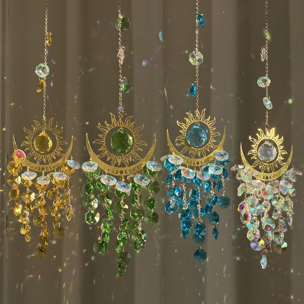 New Gold Star Moon Lighting Crystal Wind Chime Colorful Wedding Party Sun Catcher Hanging Ornament Crafts Gift Decoration Supplies Crystal Pendant Courtyard