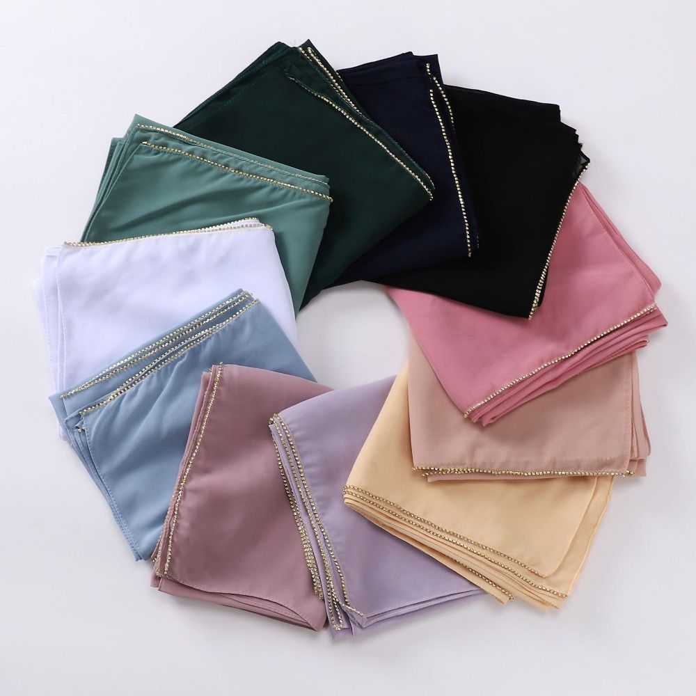 New Rhinestone Chiffon Hijab Veil Outdoor Windproof Head Wrap Solid Color Ramadan Long Scarf Shawl Women Sunscreen Headscarf