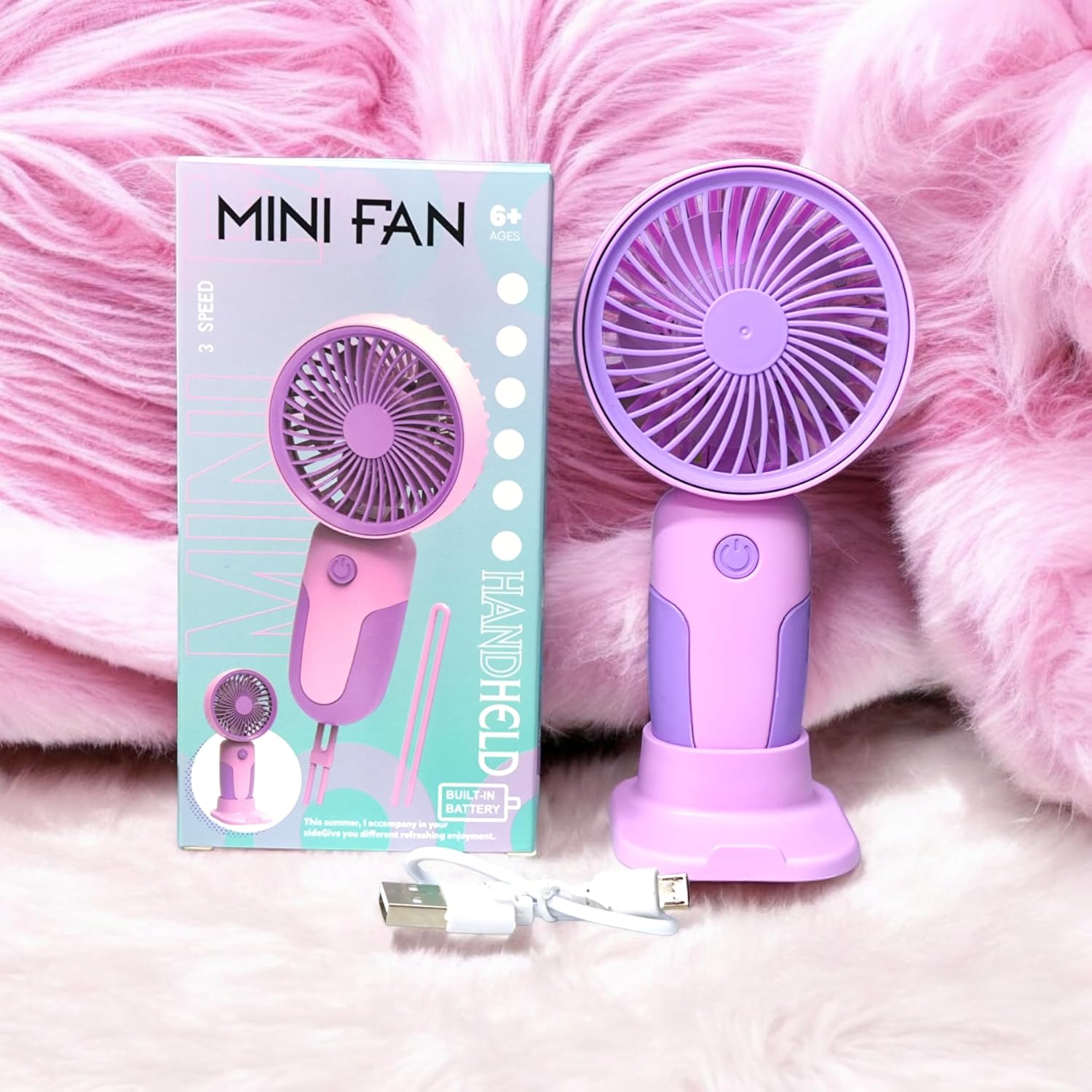 New Fancy Rechargeable Mini Fan, 3 Speed Modes, 2600mAh Battery, Low Noise, USB Charging, Purple