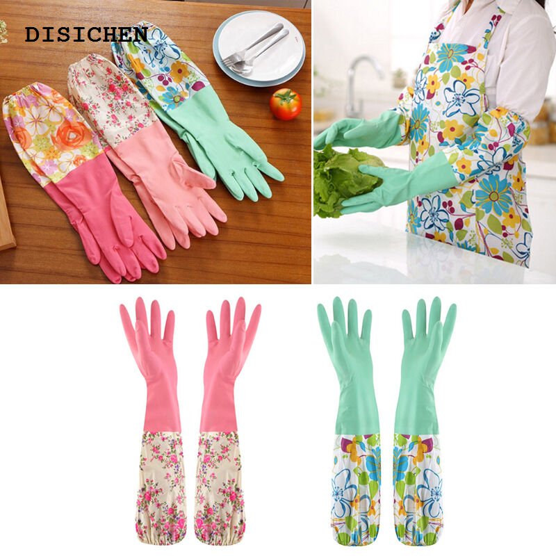 DISICHEN New style Flower Rubber Velvet Long Gloves Household Gloves Antiskid Washing Cleaning Gloves Household Dish Kitchen Cleaning Gloves