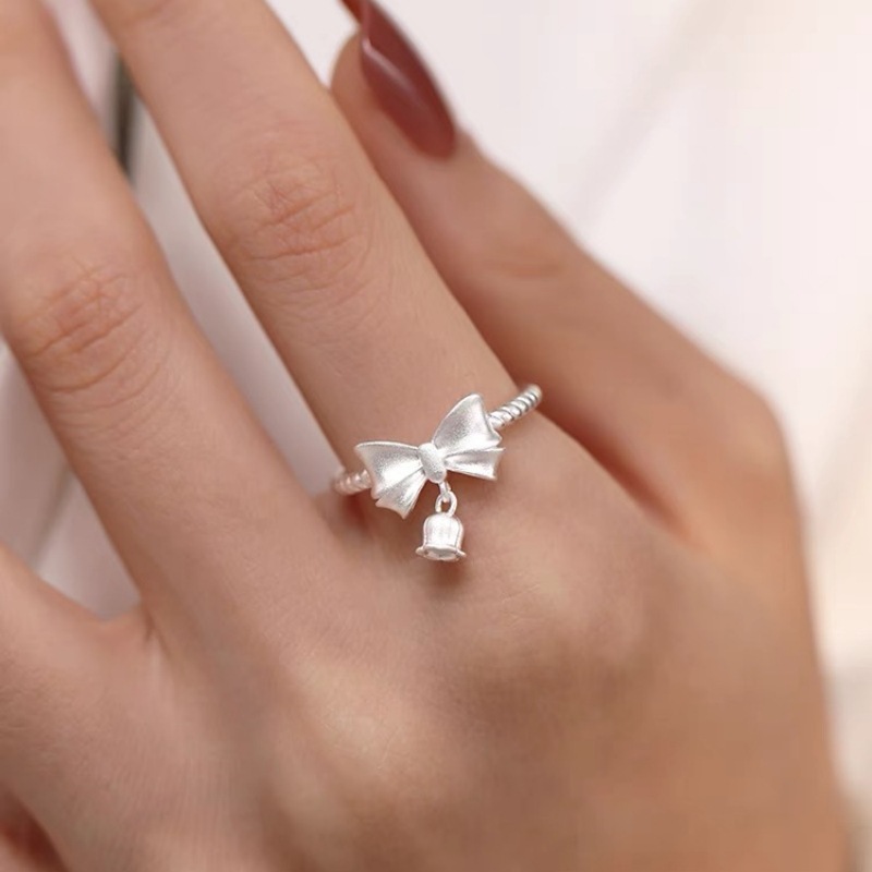 certifications】Princess at large bow lily of the valley ring women's 925 silver plating niche design temperament flower finger