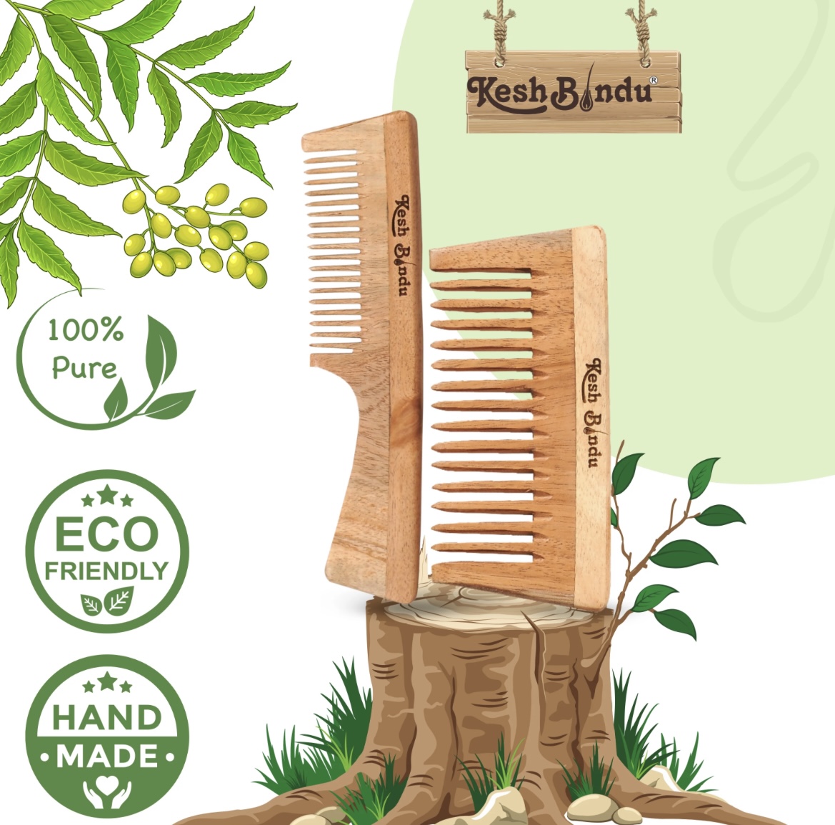 KeshBindu Neem Wooden Combs For Men & Women Suited For All Hair Types (Wide Tooth Comb + Handle Comb)