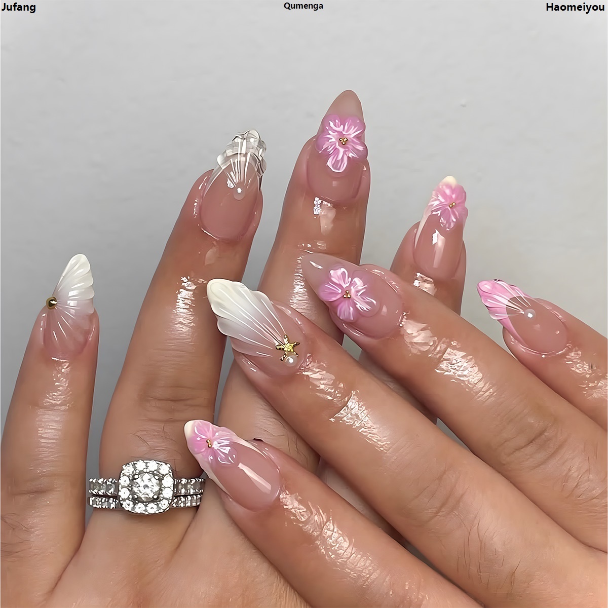 JufangQumenga24-Piece Almond Shaped Gradient French Nails 3D Three-Dimensional Flower Press on Nails ABS Material for Fingers Profesional Fifty percent discount 2025 New