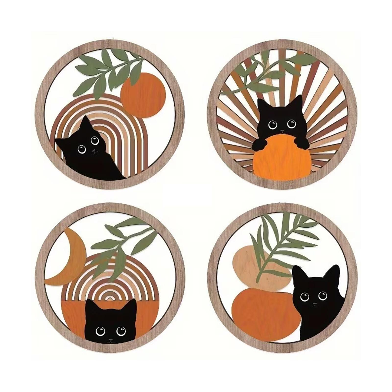 CARAT Wooden Pendant 4 Pcs Boho Black Cat Wall Decor Set - Farmhouse Geometric Hollow Wooden Hanging Art Funny Kitty Bohemian for Nursery