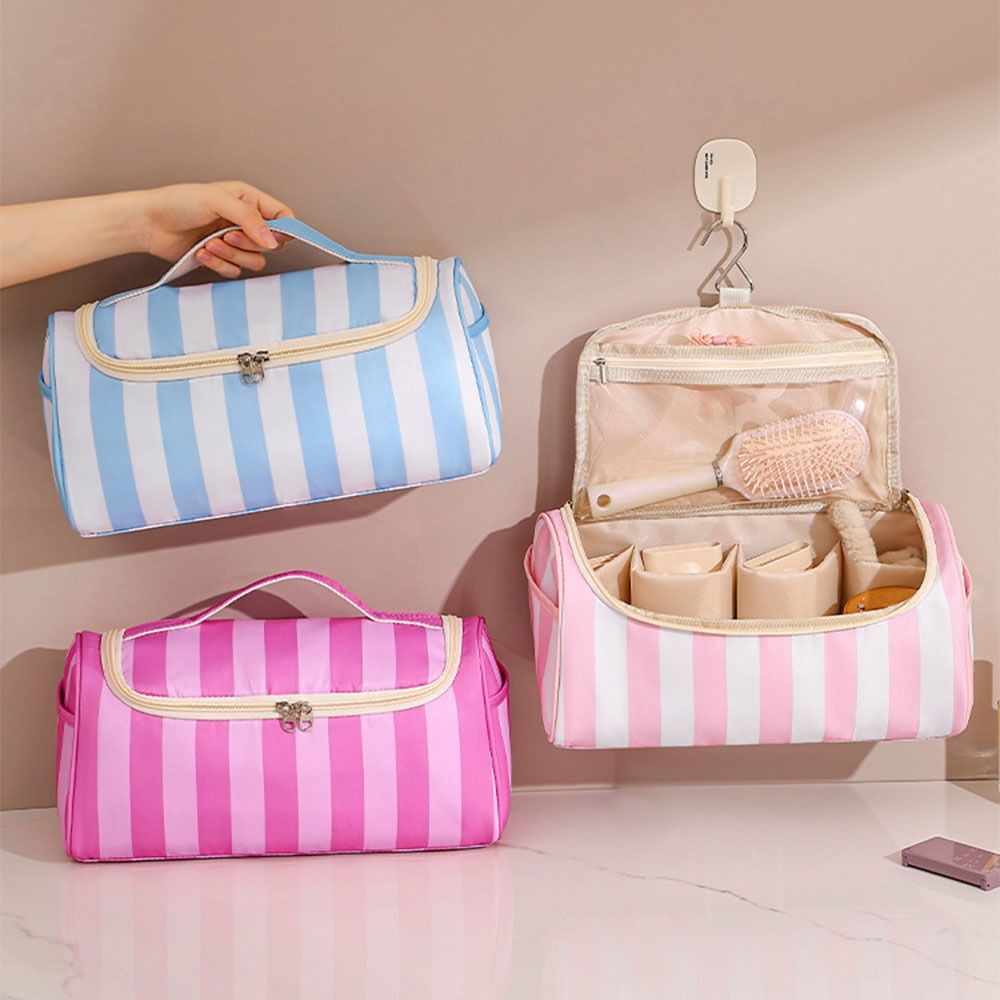 Multifunctional Striped Hair Tool Organizer Large Capacity Portable Makeup Organizer Bag with Handle Hanging Hook Cosmetic Organizer Travel Use