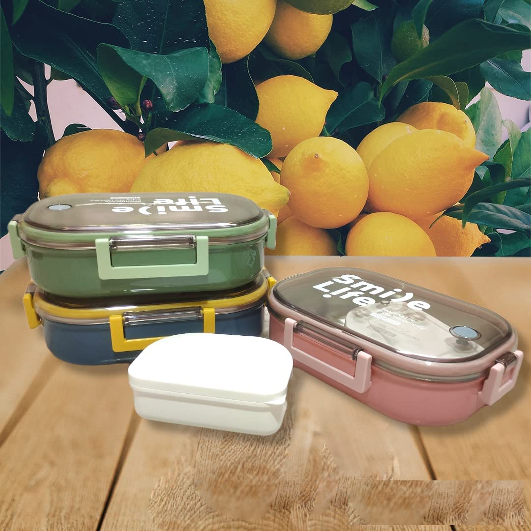 Tedemei Transparent Color Smile Life Printed Stainless Steel Rectangular Insulated Lunch Box with Mini Salad Box- 710 Ml