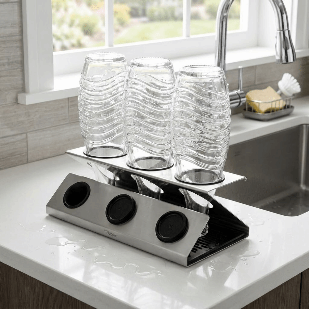 Practical Stainless Steel Soda Bottle Drain Rack 3-hole Soda Bottle Drainer with Brush Soda Bottle Placement Rack for Kitchen