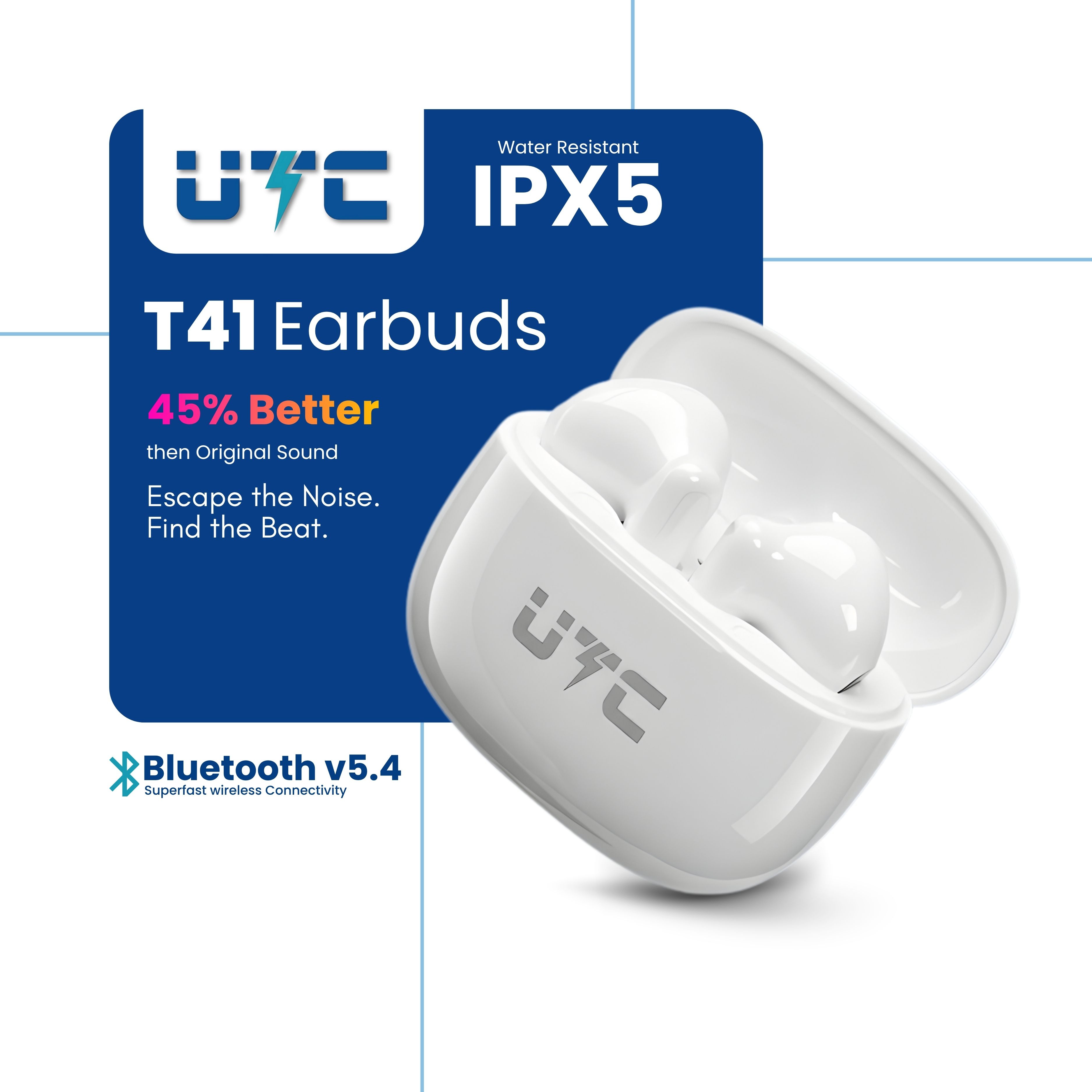 UTC T41 Earbuds | Bluetooth v5.4 | IPX5 Water Resistant | 45 hours Battery Life | 120 hours Standby Time | 3 Hours Fast charging | 12 Month warranty