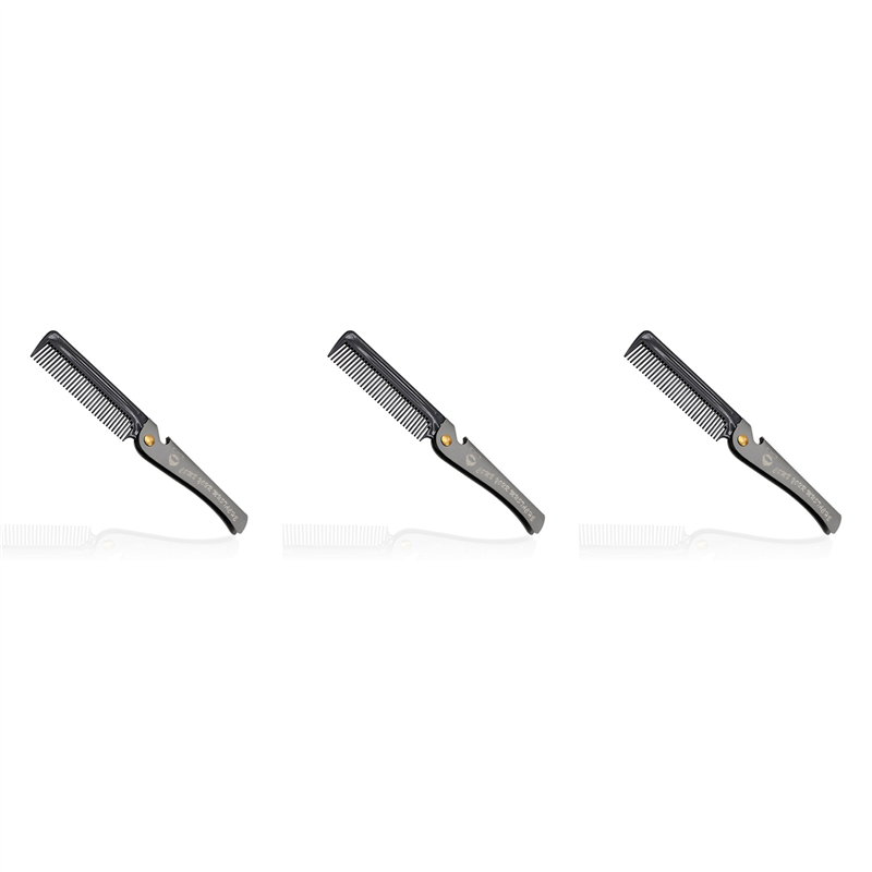 Cluellp-3 Pcs Black Men Folding Pocket Comb PP Teeth Detangling Hair Beard Comb Metal Handle Foldable Combing