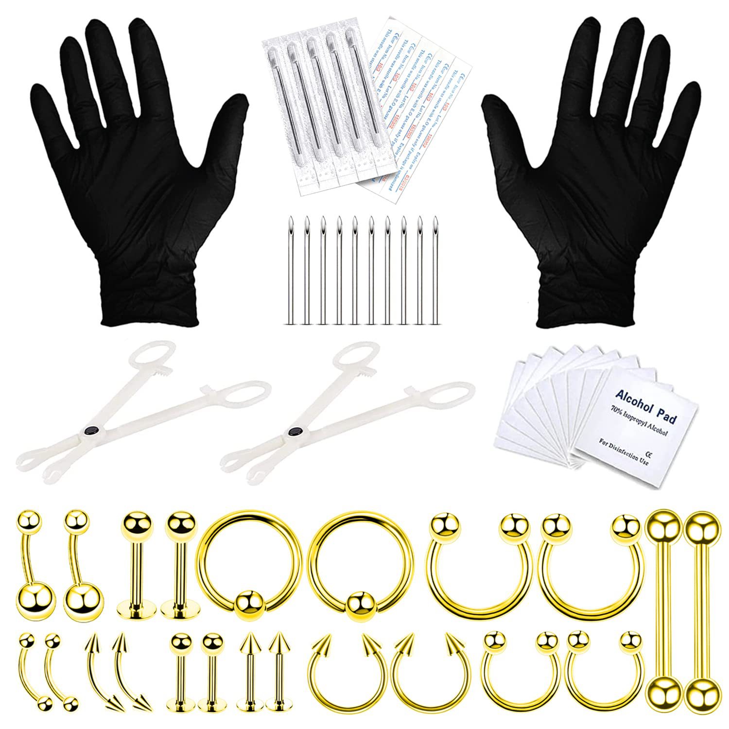 【Special offer】Gold 36 Piece Piercing Jewelry Tool suit Stainless Steel Nose Ring Lip Nail Eyebrow Nail Belly Nail 14G16G
