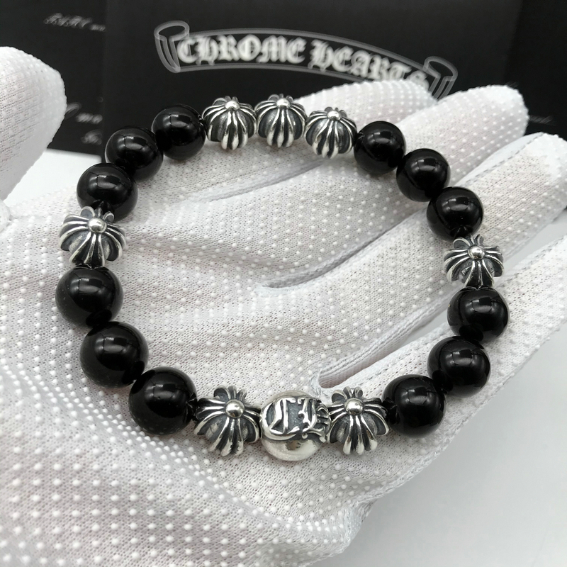 【New arrival】High Version CH Natural Obsidian Eight Silver Beads Bracelet Retro Thai Silver Cross Bracelet for Men and Women