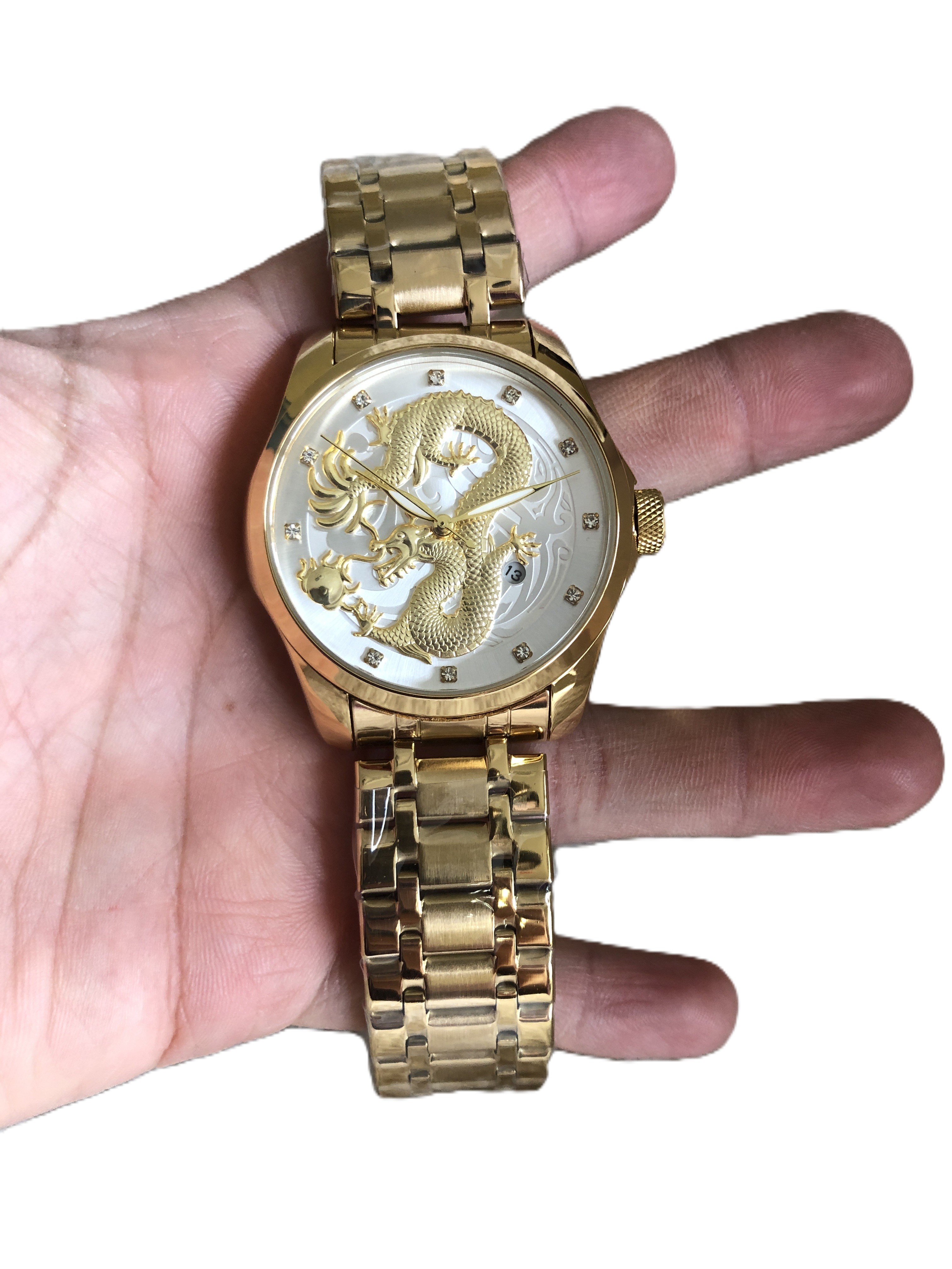 Dragon 3D Print Design Golden Dial Date Round Fashion & Casual Japan Quartz Movement Dual Stainless Steel Wrist Watch For Men