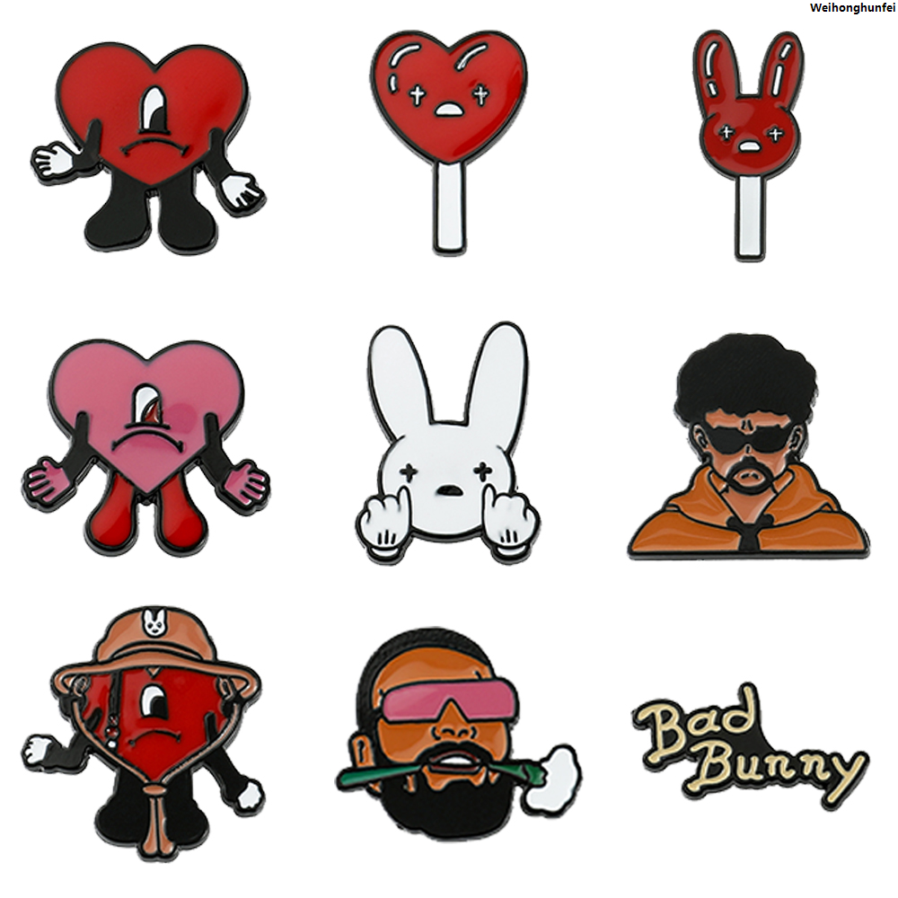 WeihonghunfeiBargain price New In Bad Bunny Brooch Creative Jewelry Red Heart Rapper Bad Rabbit Enamel Pin Clothing Backpack Pins Accessories for Kids Gift