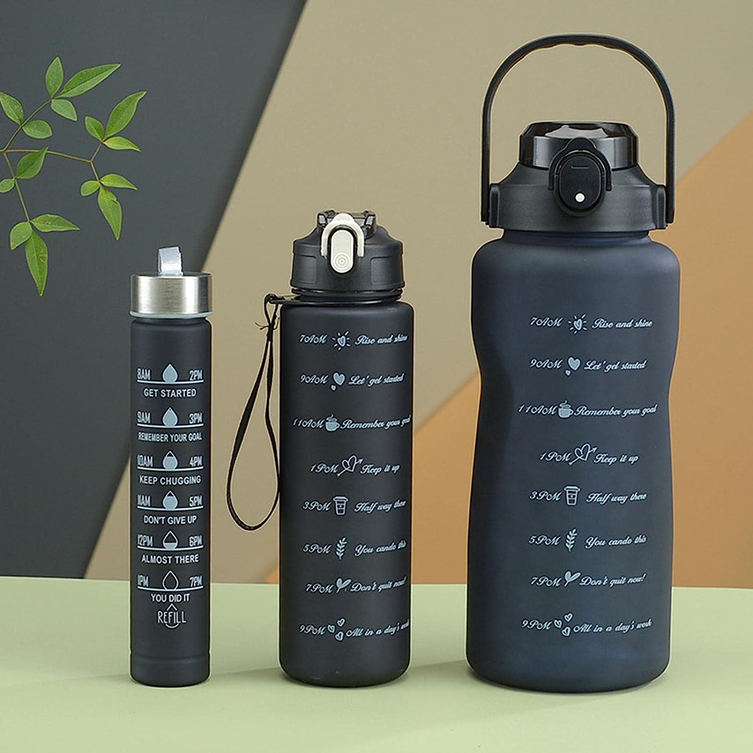 Motivational Water Bottle with Time Marking | 3-Piece Cool Water Bottles with Fitness and Outdoor