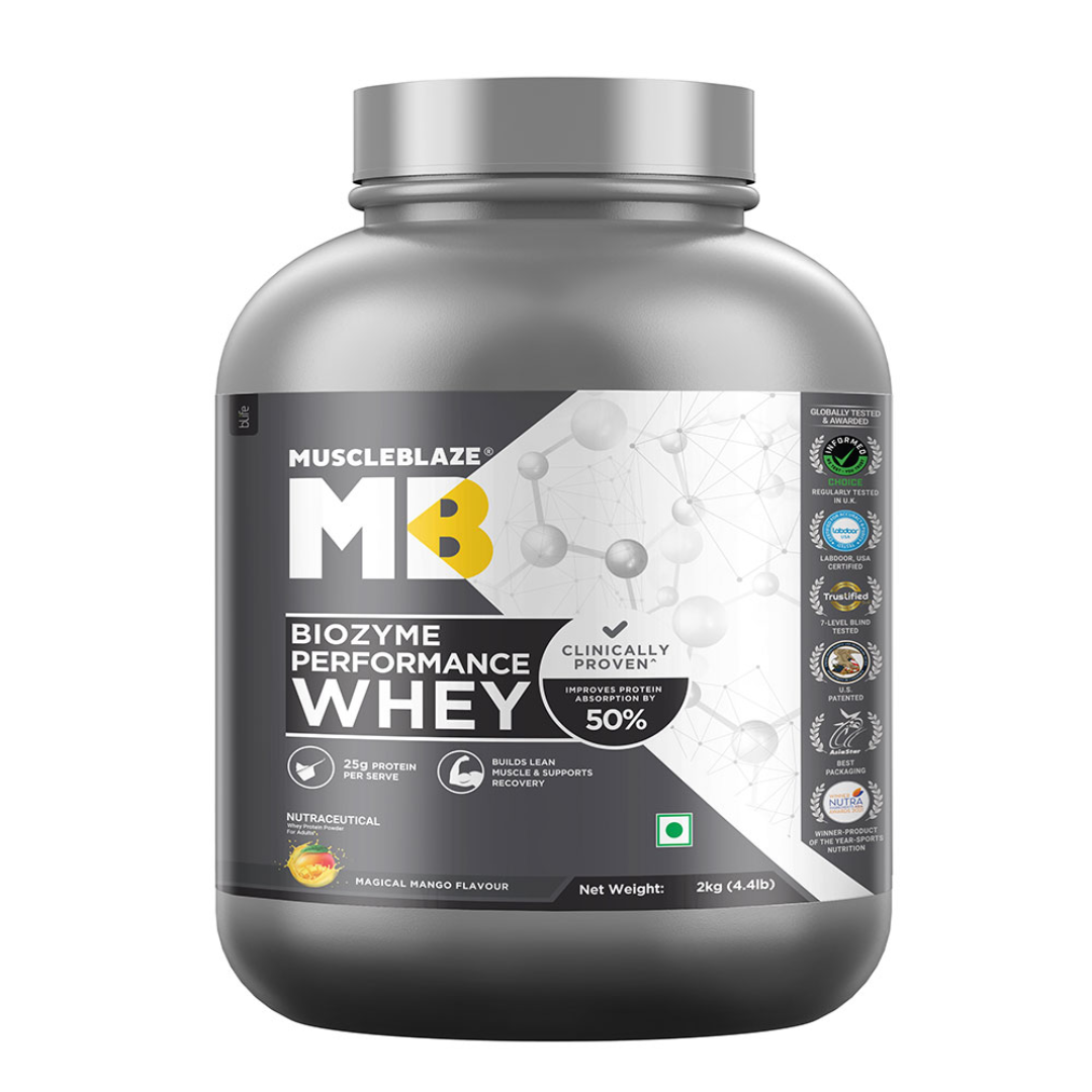 MuscleBlaze Biozyme Performance Whey Protein 2kg Mango Flavor Labdoor USA Certified with 25g Protein 11.75g EAA 5.5g BCAA 4.4g Glutamine