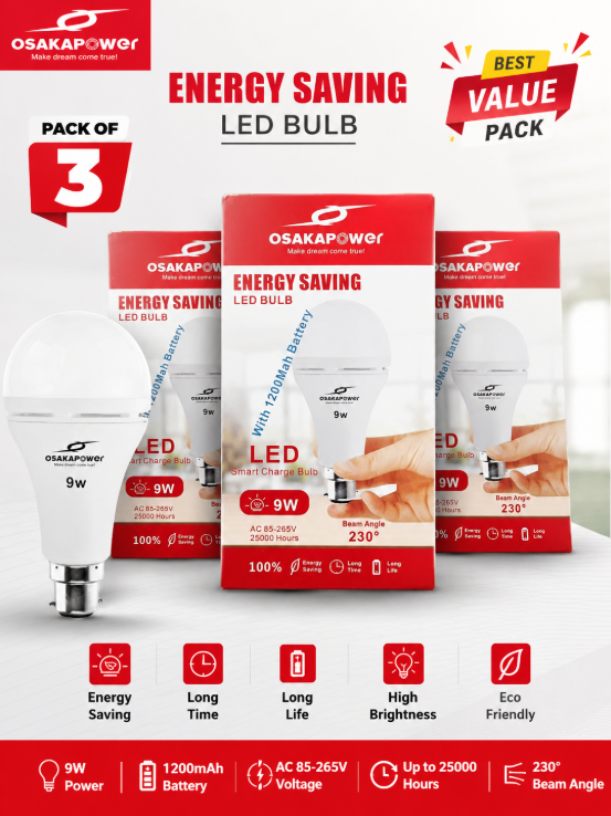 OSAKAPOWER 9W Rechargeable LED Bulb Pack of 3 | 1200mAh Emergency Smart Charge Bulb | Energy Saving LED Light